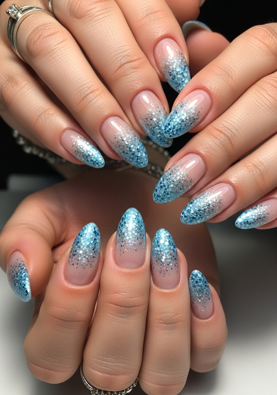 Blue Glitter Fade Nails